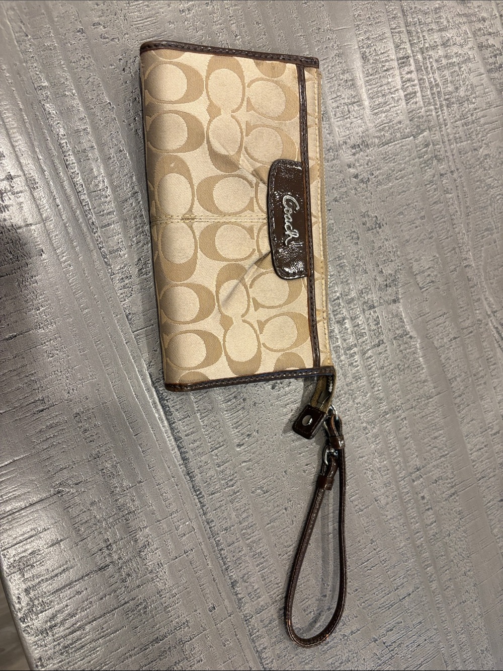 Coach Beige & Brown Signature Canvas Wristlet
